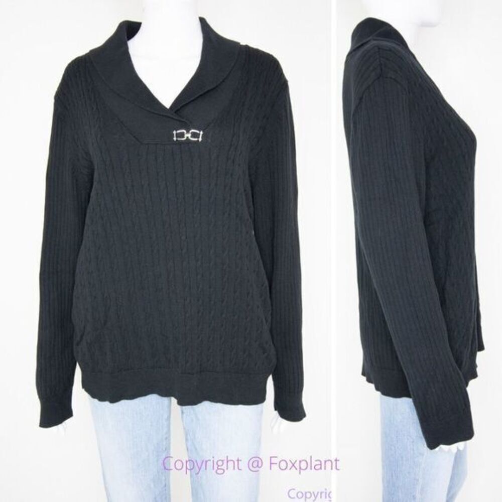 Karen Scott shawl collar black cotton sweater with metal button, women's XL